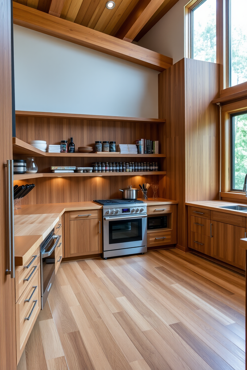 A modern chef's kitchen featuring natural wood accents that bring warmth to the space. The cabinetry is crafted from rich oak, complemented by a large island with a butcher block countertop, perfect for meal preparation and entertaining. Stainless steel appliances provide a sleek contrast, while open shelving displays an array of spices and cookbooks. Large windows allow natural light to flood the room, enhancing the inviting atmosphere.