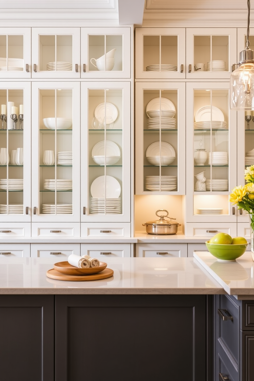 A modern chef's kitchen featuring glass-front cabinets that elegantly showcase an array of dishware. The cabinetry is complemented by a spacious island with a sleek countertop, perfect for food preparation and entertaining guests.