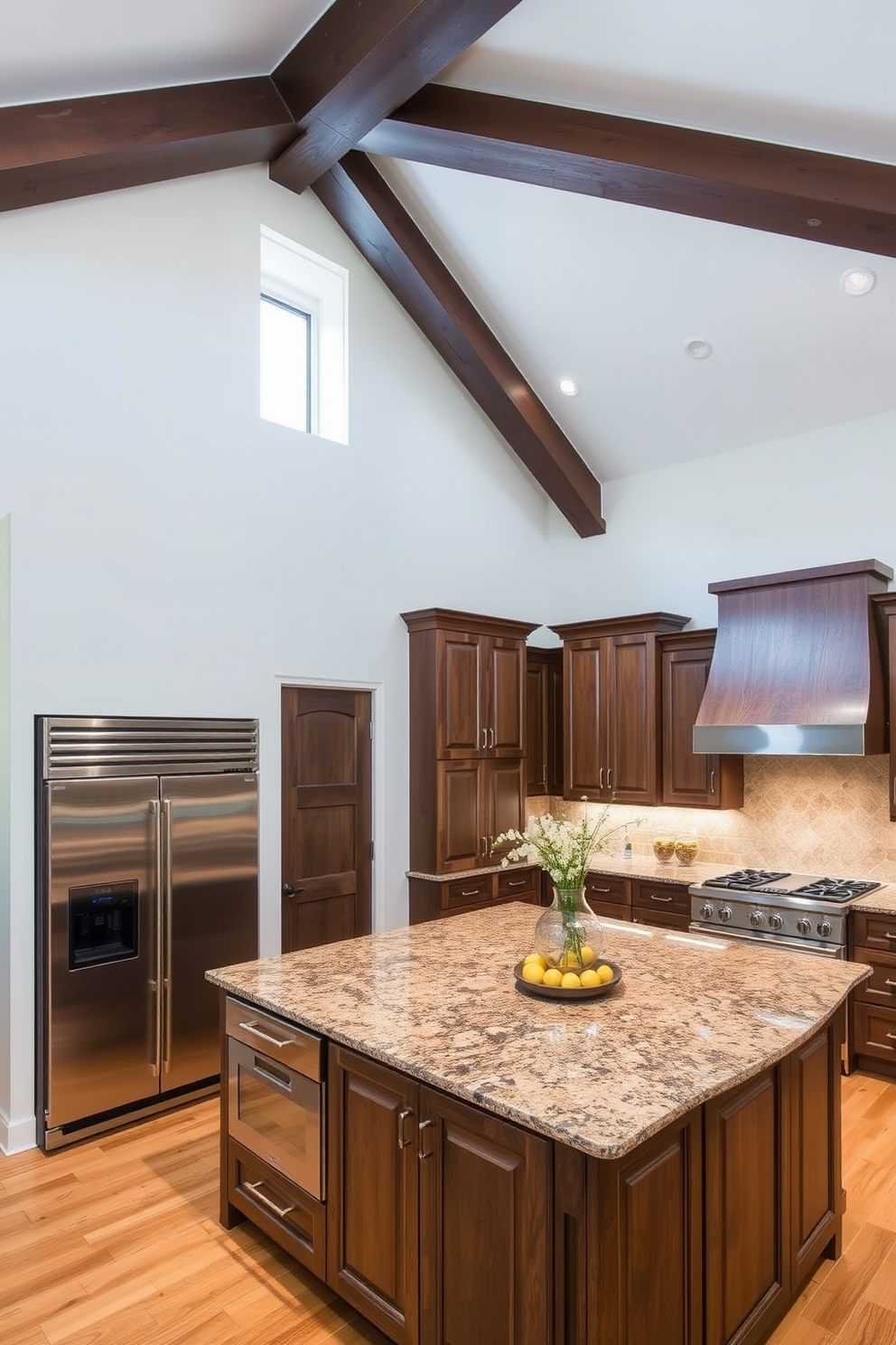 A lively chef kitchen design featuring colorful accents that infuse vibrant energy into the space. The kitchen showcases a large island with a bright blue countertop and yellow bar stools, surrounded by open shelving displaying colorful dishware and herbs in vibrant pots.