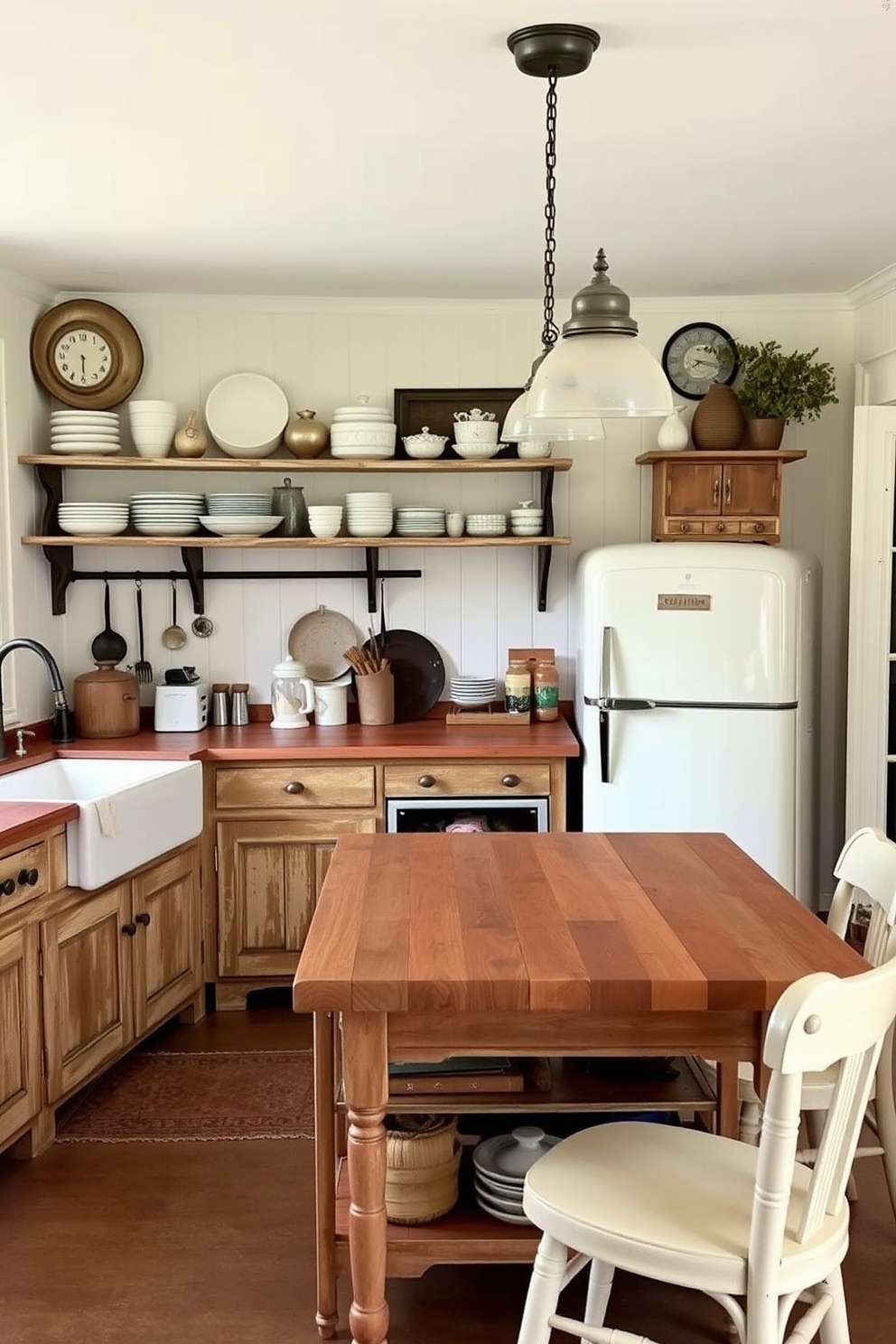 A charming vintage kitchen filled with rustic decor elements. The space features a farmhouse sink, wooden cabinets with distressed paint, and open shelving displaying antique dishware. A large kitchen island is adorned with a vintage butcher block and pendant lights hanging above. The walls are painted in a soft pastel color, and a retro-style refrigerator adds a nostalgic flair.