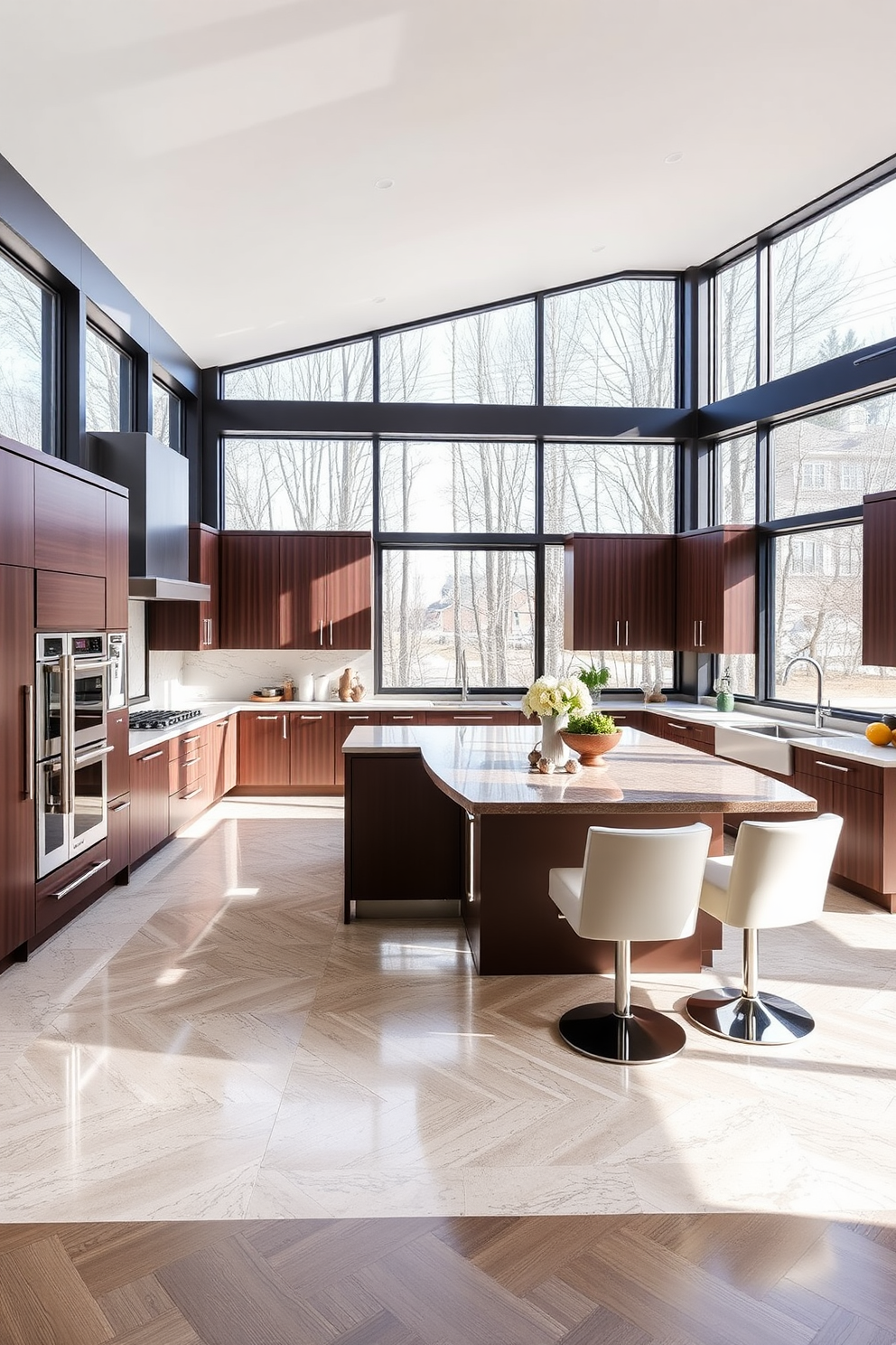 A chef's kitchen with natural wood finishes creates a warm and inviting atmosphere. The cabinetry features rich wooden tones, complemented by a large central island with a polished stone countertop perfect for meal preparation. High-end appliances are seamlessly integrated into the design, enhancing both functionality and style. Large windows allow natural light to flood the space, highlighting the textures of the wood and the elegance of the overall design.