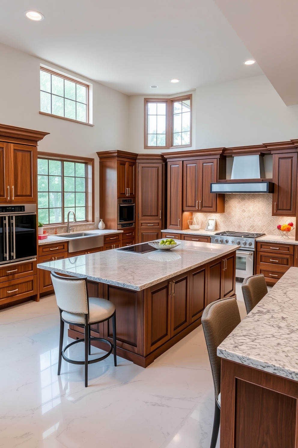 A spacious chef kitchen featuring a large central island that provides ample prep space. The island is topped with a sleek granite surface and surrounded by high-backed stools for casual dining. The kitchen showcases modern appliances integrated into custom cabinetry with a rich wood finish. Large windows flood the space with natural light, highlighting the elegant backsplash and polished fixtures.