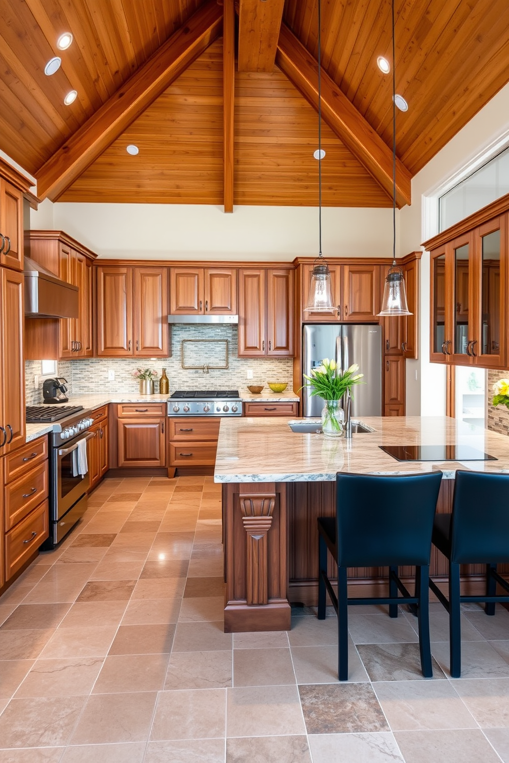 A spacious chef kitchen with tile flooring designed for easy maintenance. The kitchen features a large island with bar seating, stainless steel appliances, and custom cabinetry in a warm wood finish.