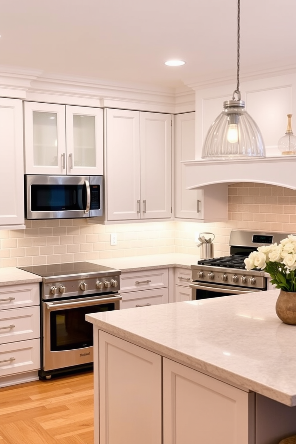 A chef kitchen design featuring a neutral color palette creates a timeless and inviting atmosphere. The cabinetry is a soft white with brushed nickel hardware, complemented by a large central island topped with a light gray quartz countertop. The backsplash consists of subtle beige subway tiles that add texture without overwhelming the space. Stainless steel appliances shine against the warm tones, while pendant lights hang elegantly above the island to provide both style and functionality.