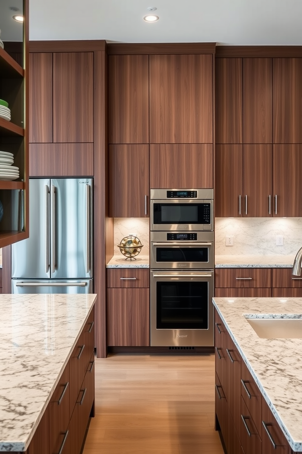 Custom cabinetry for personalized storage. The kitchen features sleek, floor-to-ceiling cabinets in a rich walnut finish, providing ample space for all cooking essentials. Chef kitchen design ideas include a large central island with a polished granite countertop, perfect for meal prep and entertaining. High-end stainless steel appliances are seamlessly integrated into the cabinetry, creating a cohesive and functional cooking space.