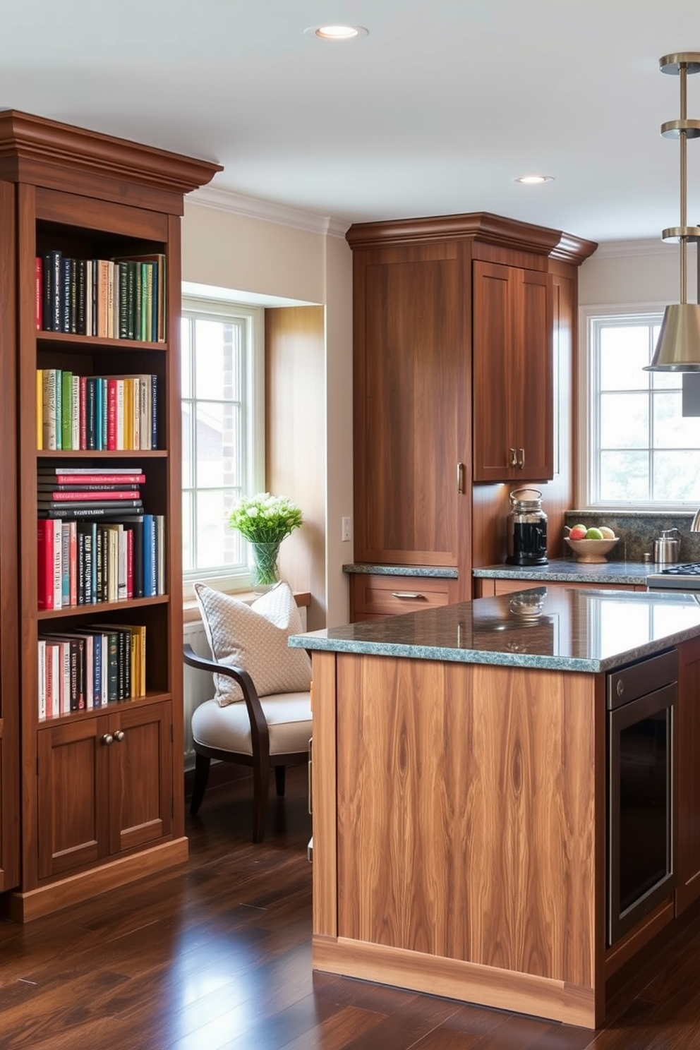 A cozy cookbook nook featuring a built-in wooden bookshelf filled with an array of colorful cookbooks. A small reading chair with a soft cushion is positioned next to a window, allowing natural light to flood the space. The kitchen design showcases a spacious layout with an island countertop made of polished granite. Sleek stainless steel appliances complement the warm wooden cabinetry, creating an inviting atmosphere for cooking and entertaining.