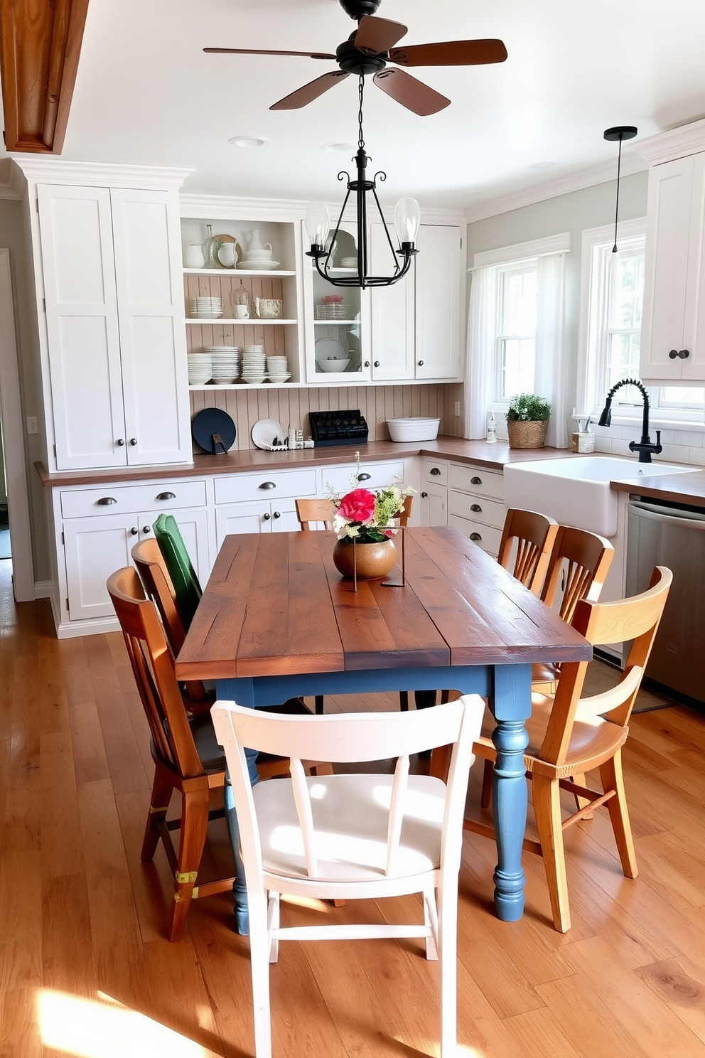 A charming farmhouse table made of reclaimed wood sits in the center of a cozy dining area. Surrounding the table are mismatched chairs, each with its own unique character, creating an inviting atmosphere for casual dining. The kitchen features a spacious layout with white shaker cabinets and open shelving displaying rustic dishware. A large farmhouse sink is complemented by a vintage-inspired faucet, and natural light streams in through a nearby window, illuminating the warm wooden accents.