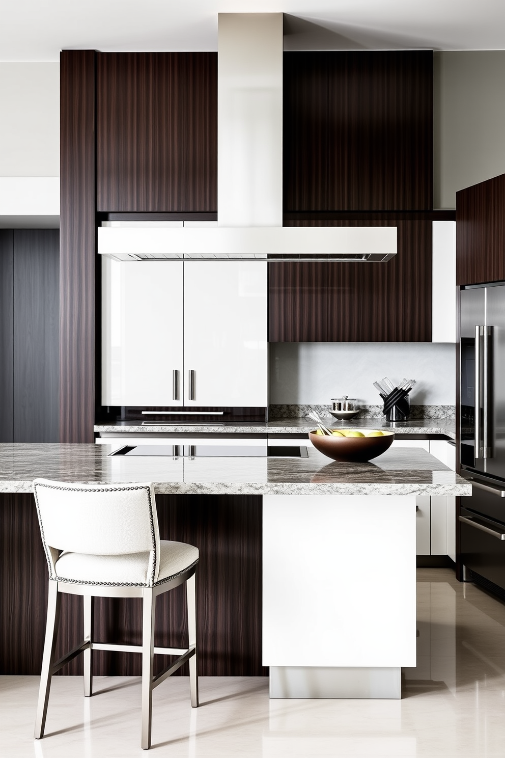 A stylish range hood serves as the centerpiece of this modern chef kitchen. The cabinetry is sleek and minimalistic, with a combination of dark wood and glossy white finishes that create a sophisticated contrast. The kitchen island features a spacious countertop made of polished granite, perfect for meal prep and entertaining. Underneath, elegant bar stools with soft upholstery invite guests to gather around.