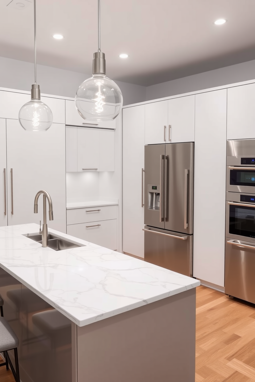 A modern chef kitchen featuring integrated appliances for a seamless look. The cabinetry seamlessly blends with the refrigerator and dishwasher, creating a cohesive design aesthetic. The kitchen island is topped with a striking quartz countertop that complements the sleek cabinetry. Pendant lights hang above the island, providing both illumination and style to the space.