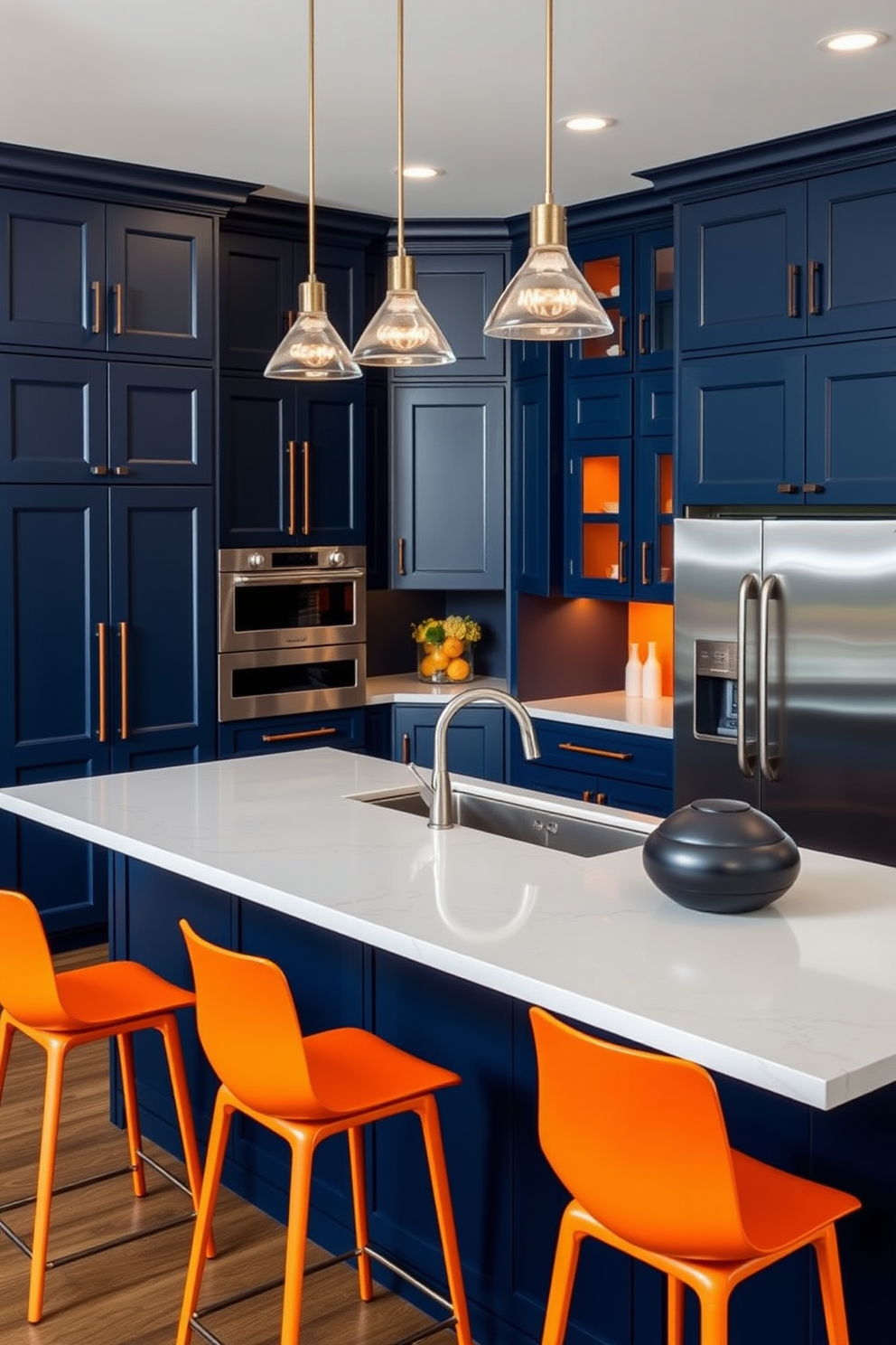 A bold color scheme featuring deep navy blue cabinets paired with bright orange accents creates a dramatic effect in the chef kitchen. The spacious island is topped with a striking white quartz countertop, surrounded by sleek bar stools in a contrasting color. High-end stainless steel appliances are seamlessly integrated into the cabinetry, providing both functionality and style. Pendant lights with a modern design hang above the island, casting a warm glow over the vibrant space.