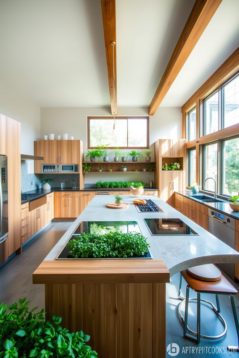 A spacious chef kitchen designed with sustainable materials features bamboo cabinetry and recycled glass countertops. The space includes a large island with a built-in induction cooktop and seating for four, complemented by energy-efficient stainless steel appliances. Natural light floods the room through large windows, highlighting the reclaimed wood beams that add warmth to the modern aesthetic. A herb garden is integrated into the design, providing fresh ingredients while promoting an eco-friendly lifestyle.