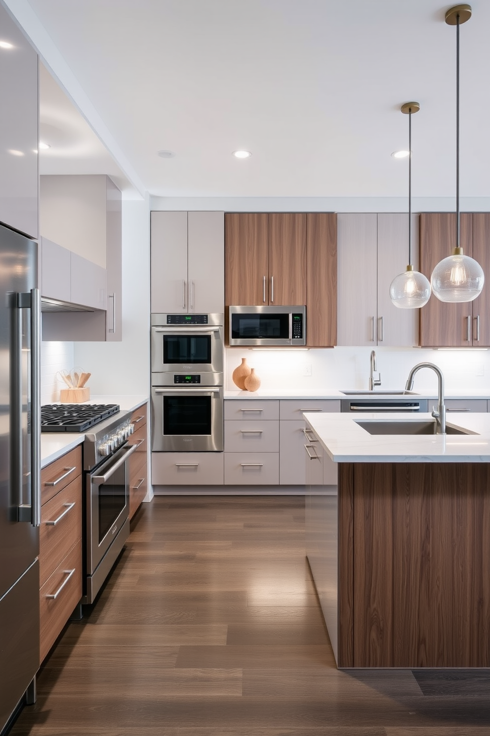 A modern chef's kitchen designed for efficiency features professional grade stainless steel appliances seamlessly integrated into custom cabinetry. The spacious layout includes a large island with a quartz countertop, providing ample prep space and seating for casual dining.