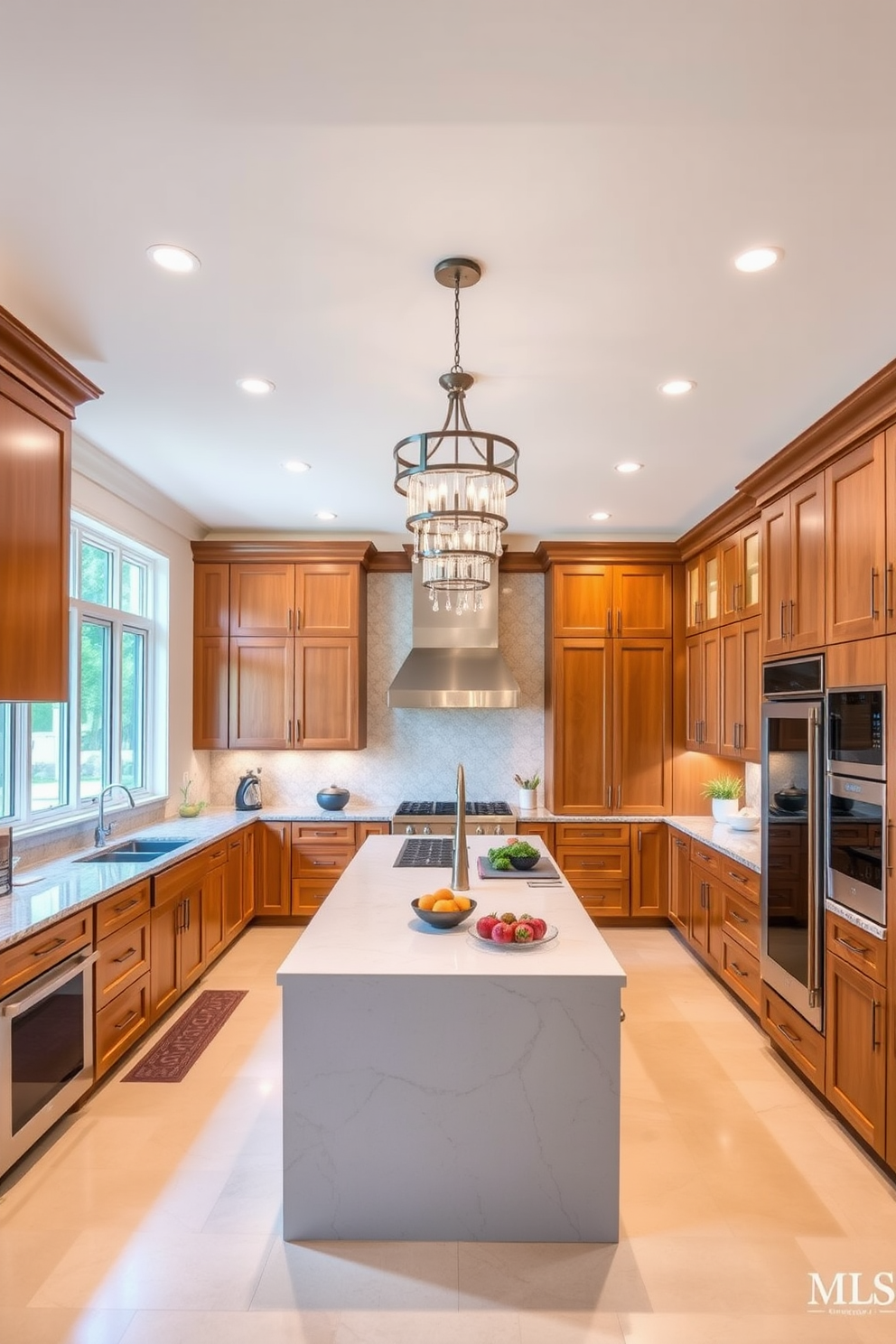 A spacious chef's kitchen featuring an open layout that promotes easy movement between work zones. The design includes a large central island with seating, stainless steel appliances, and ample counter space for food preparation. Natural light floods the room through large windows, highlighting the warm wood cabinetry and elegant backsplash. A combination of pendant lighting and recessed lights creates a bright and inviting atmosphere for cooking and entertaining.