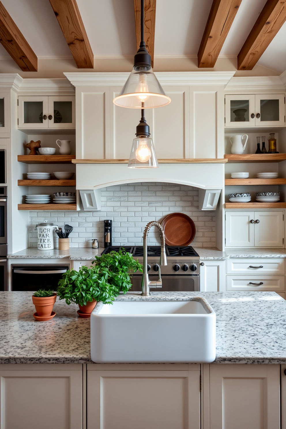 A spacious chef's kitchen featuring a large farmhouse sink with a vintage faucet. The cabinetry is painted in a soft white, complemented by rustic wooden shelves displaying kitchen essentials and decorative items. The countertops are made of polished granite, providing ample workspace for cooking and meal preparation. Pendant lights with a warm glow hang above the island, which is adorned with fresh herbs in terracotta pots for a touch of greenery.