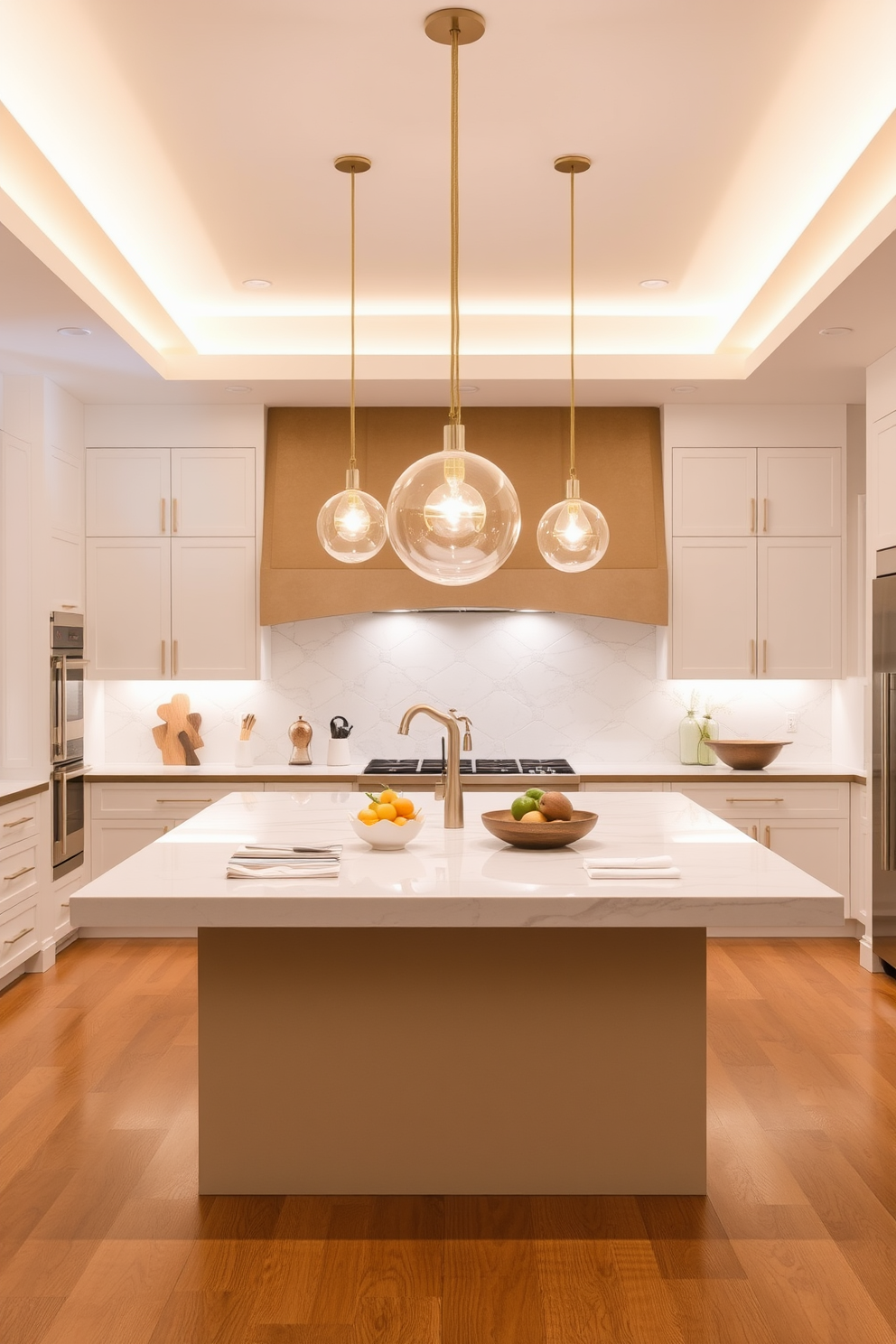 A modern chef's kitchen features a large island at the center, adorned with a sleek countertop that invites culinary creativity. Above the island, bright pendant lights hang, casting a warm glow and highlighting the elegant design elements throughout the space.