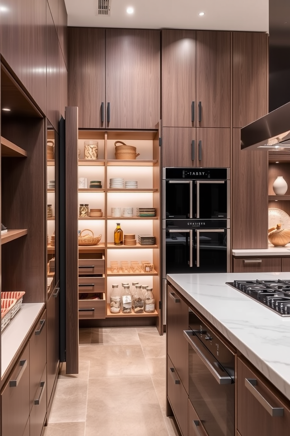 A hidden pantry with sleek cabinetry seamlessly integrated into the kitchen design. The pantry features pull-out shelves and organized compartments for efficient storage of dry goods and kitchen essentials. The chef kitchen boasts a large central island with a marble countertop, perfect for meal prep and entertaining. High-end appliances are strategically placed, with a professional-grade stove and a double oven for culinary enthusiasts.