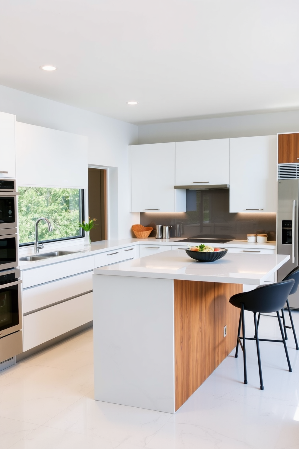 A modern chef's kitchen featuring an integrated wine fridge seamlessly built into the cabinetry for easy access. The space includes a large island with a stunning quartz countertop, complemented by high-end stainless steel appliances and sleek pendant lighting overhead.