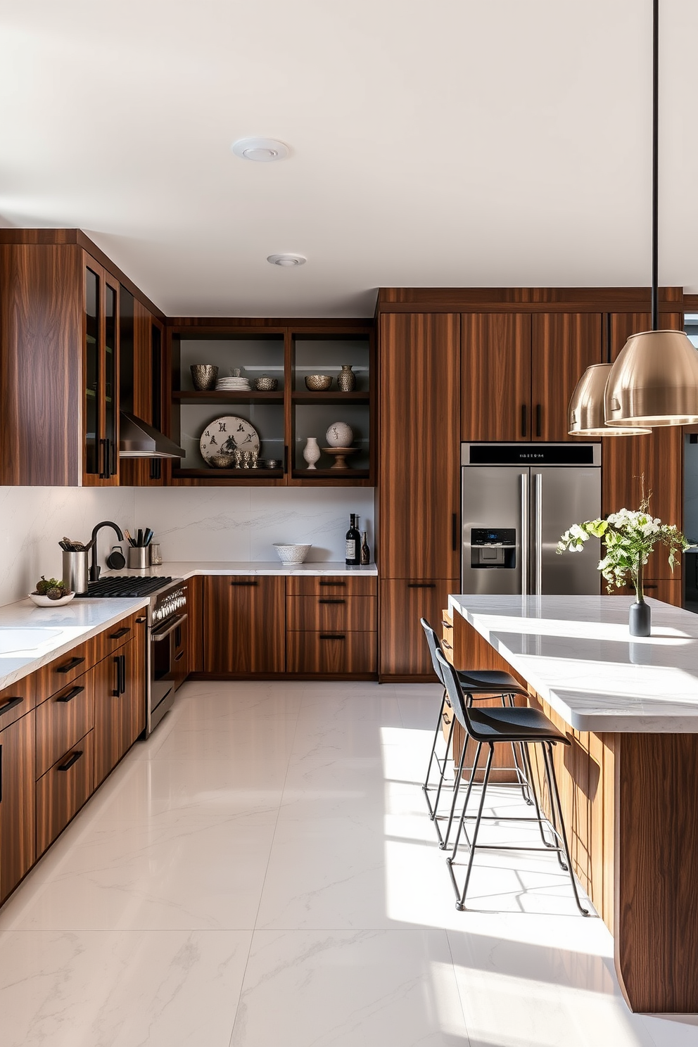 A contemporary chef's kitchen featuring a mix of open and closed cabinetry. The cabinetry is crafted from rich walnut wood with sleek matte black hardware, creating a striking contrast against the white marble backsplash. An expansive island with a waterfall edge serves as a focal point, adorned with stylish bar stools. Natural light floods the space through large windows, highlighting the stainless steel appliances and elegant pendant lighting above the island.