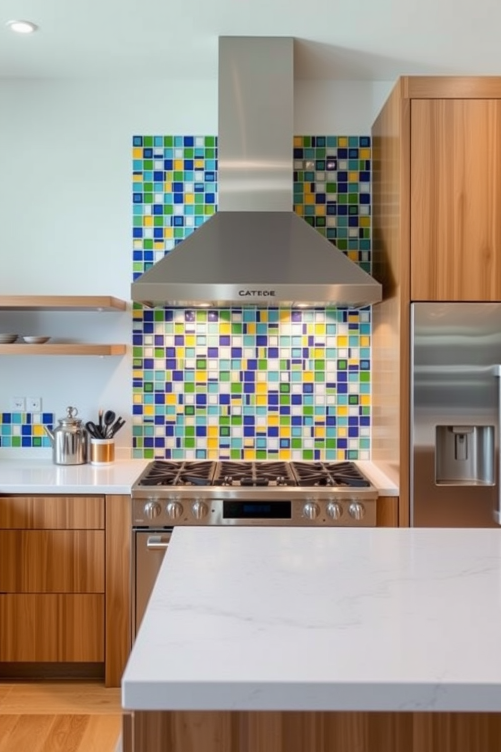 A vibrant and colorful backsplash adorns the wall behind the stove, featuring a mosaic of blue, green, and yellow tiles that create a striking visual impact. The kitchen is designed with sleek stainless steel appliances and a spacious island that provides ample room for meal preparation and entertaining guests.