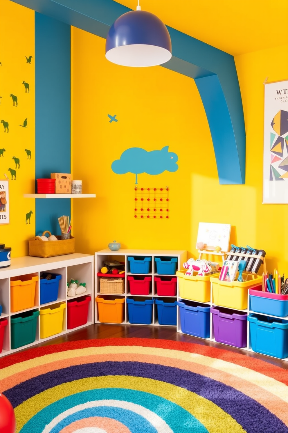 A vibrant children's playroom filled with bright colors to inspire creativity. The walls are painted in cheerful shades of yellow and blue, adorned with playful wall decals of animals and shapes. A large, soft area rug in a rainbow pattern covers the floor, providing a cozy space for play. Colorful storage bins are neatly arranged, filled with toys and art supplies, encouraging imaginative play and organization.