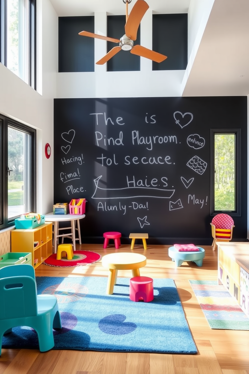 A vibrant children's playroom with a chalkboard wall that invites creativity and fun. The room features colorful rugs, playful furniture, and plenty of natural light streaming through large windows.