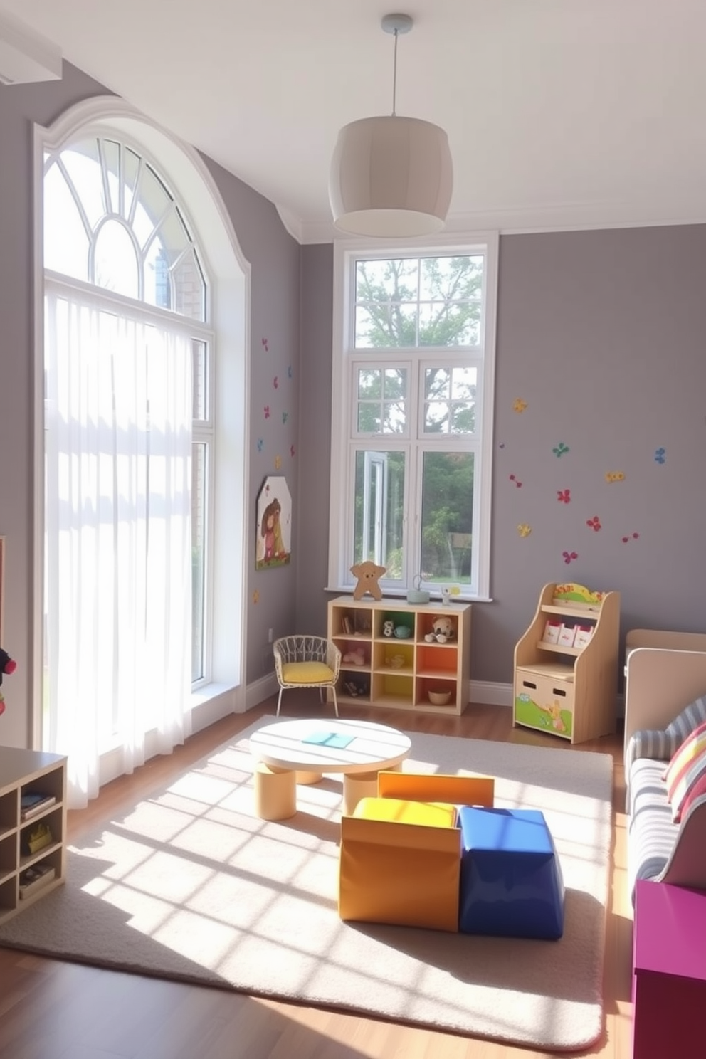 A whimsical indoor tent is set up in a bright and colorful children's playroom. The tent is adorned with playful patterns and cozy cushions, creating a magical space for imaginative adventures. Surrounding the tent, vibrant rugs and soft bean bags provide additional seating for playtime activities. The walls are painted in cheerful colors, and shelves filled with toys and books add to the playful atmosphere.