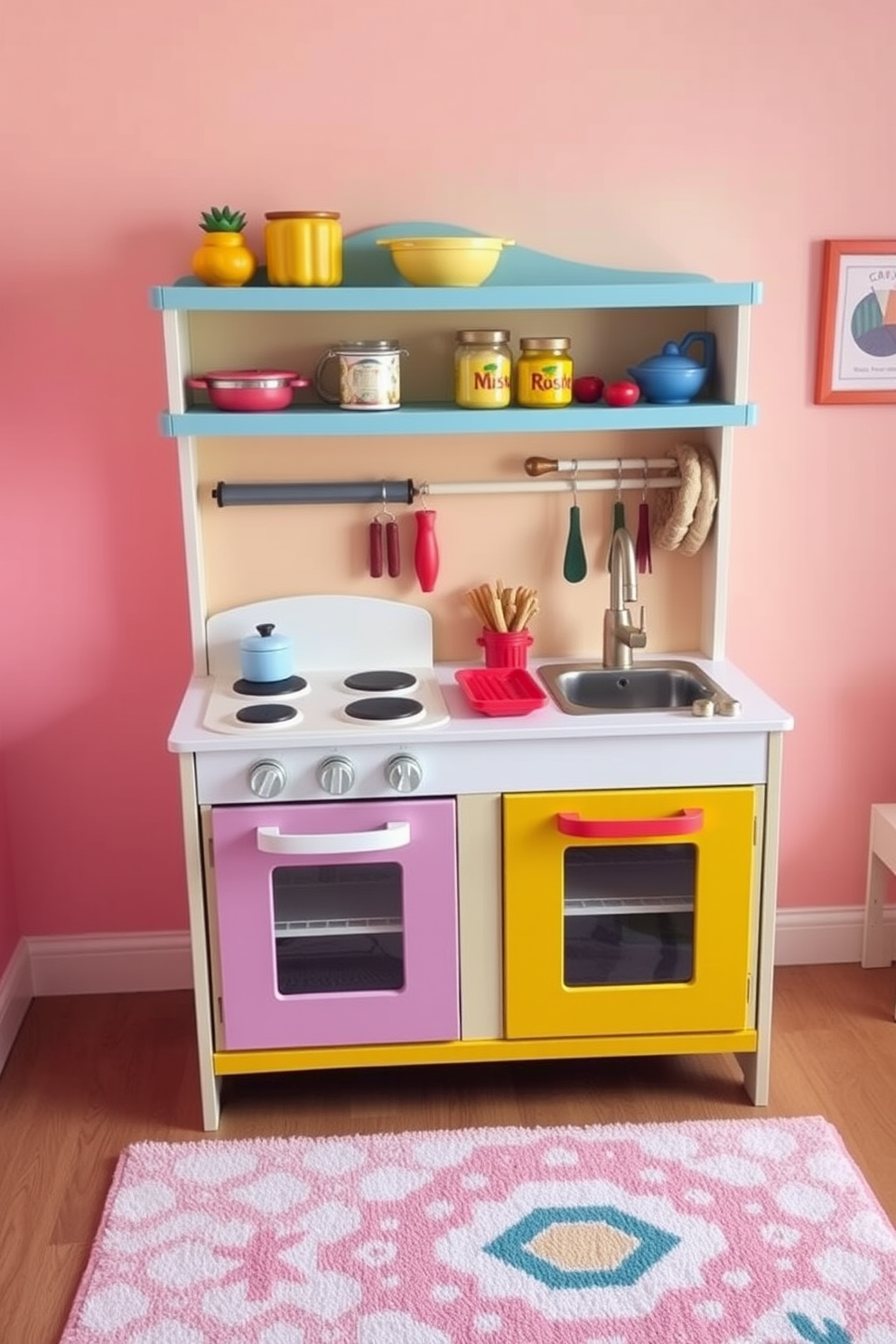 A vibrant play kitchen designed for imaginative cooking. The kitchen features a colorful wooden play stove, a sink with a faucet, and a variety of pretend food items neatly arranged on shelves. The walls are painted in cheerful pastel colors, creating a warm and inviting atmosphere. Soft rugs in playful patterns cover the floor, providing a comfortable space for children to play and explore their culinary creativity.