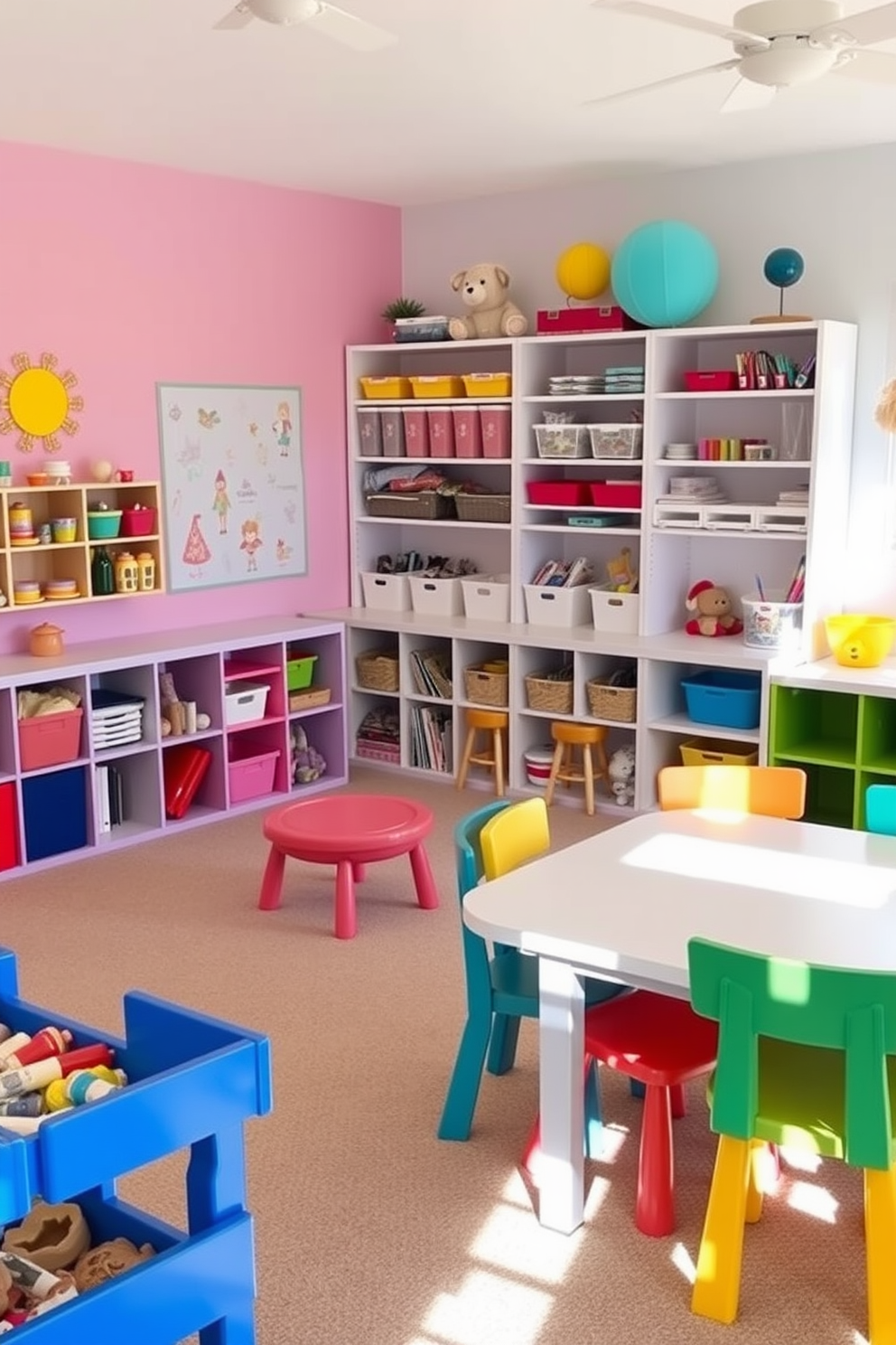 A vibrant children's playroom filled with colorful furniture and playful decor. The walls are painted in a cheerful pastel shade, and the floor is covered with soft, durable carpeting. A craft station featuring neatly organized supplies on open shelves. The workspace includes a large table with plenty of natural light, surrounded by child-sized chairs in bright colors.