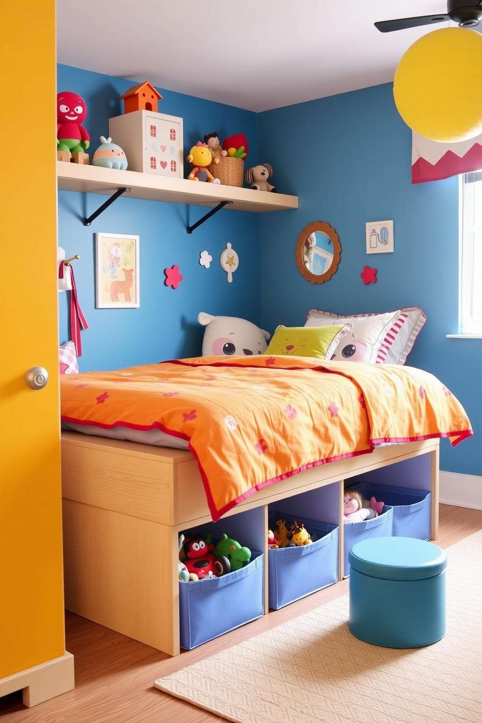 A cheerful children's playroom filled with vibrant colors and playful decor. Under the bed, there are spacious storage bins designed to hold toys, keeping the room organized and clutter-free.