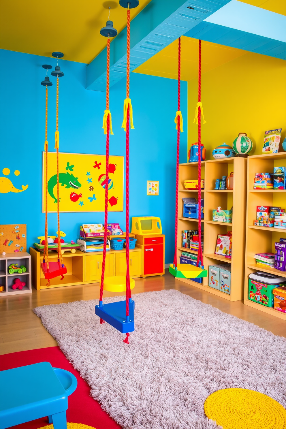 A vibrant children's playroom filled with energy and creativity. The room features colorful hanging swings suspended from the ceiling, surrounded by soft, plush rugs and playful wall art. Brightly painted walls in shades of blue and yellow create a cheerful atmosphere. A variety of toys and games are neatly organized on shelves, encouraging imaginative play and exploration.