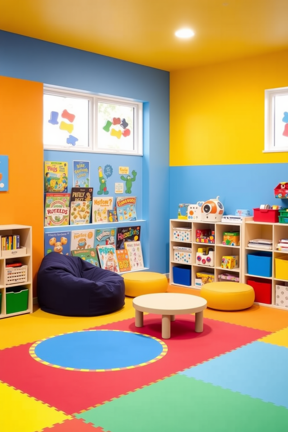 A vibrant children's playroom filled with colorful furniture and playful decor. A large puzzle and game station occupies the center, featuring a sturdy table surrounded by child-sized chairs in various bright colors. The walls are painted in cheerful pastel shades, adorned with whimsical artwork and playful patterns. Soft rugs in fun shapes cover the floor, providing a comfortable area for kids to sit and play.