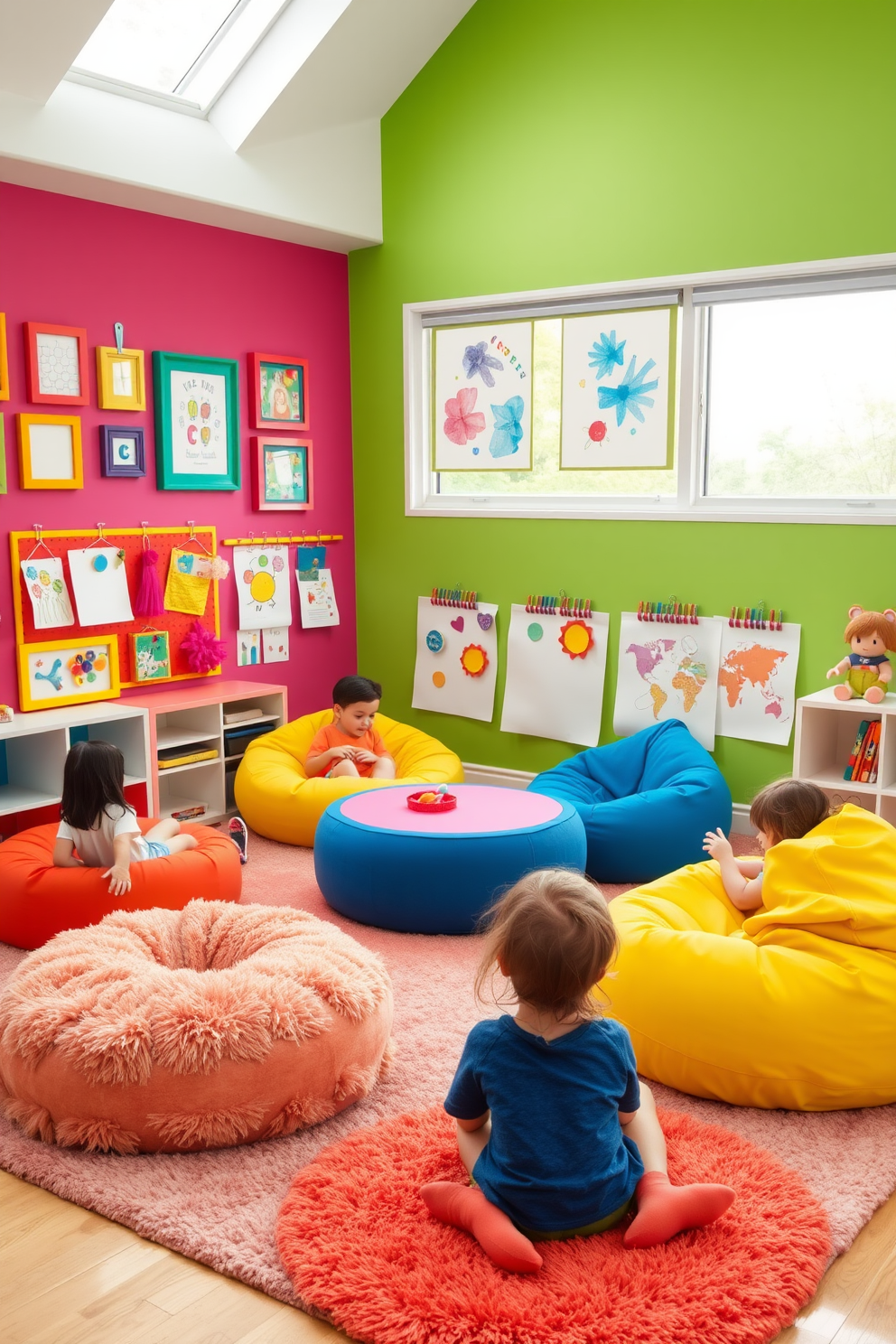 A colorful DIY puppet theater made from wood and fabric. The stage features a bright curtain and a whimsical backdrop, encouraging imaginative play. A cozy children's playroom filled with soft rugs and playful furniture. The walls are adorned with cheerful murals and shelves are stocked with toys and books for endless fun.