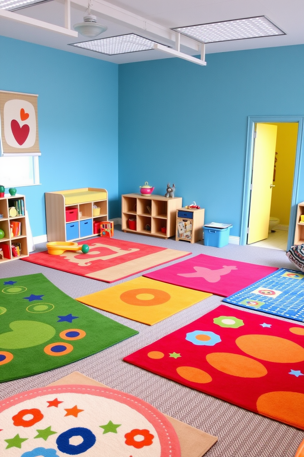 A vibrant children's playroom filled with colorful rugs that define different activity zones. The rugs feature playful patterns and bright colors, creating an inviting and stimulating environment for kids to explore and play.