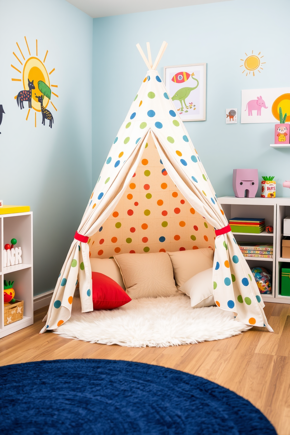 A whimsical play tent nestled in a corner of a bright and cheerful children's playroom. The tent is adorned with colorful patterns and soft, plush cushions inside, creating a cozy hideaway for imaginative play. Surrounding the tent, the playroom features vibrant wall art and playful shelving filled with toys and books. The flooring is covered with a soft, durable rug that adds warmth and comfort to the space.