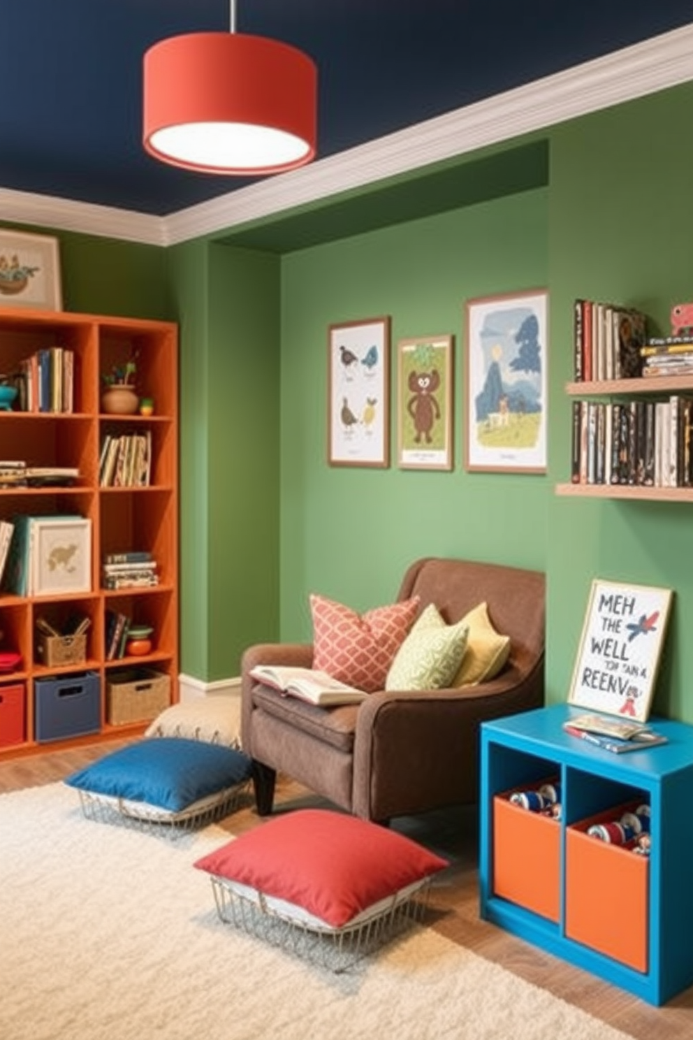 Cozy reading nook with soft cushions. A plush armchair is nestled in the corner, surrounded by shelves filled with colorful books and a soft throw blanket draped over the armrest. Children's playroom design ideas. The room features a vibrant color palette with playful wall decals, a large rug for floor activities, and various storage solutions for toys and art supplies.