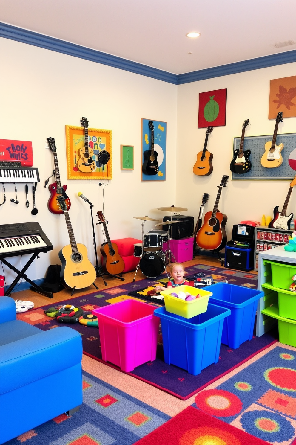 A vibrant children's playroom filled with magnetic wall panels that encourage creativity and exploration. The space features colorful furniture, including a soft rug, bean bags, and a low table surrounded by art supplies. The walls are painted in bright, cheerful colors, creating an inviting atmosphere. A variety of toys and interactive elements are strategically placed to stimulate imagination and play.