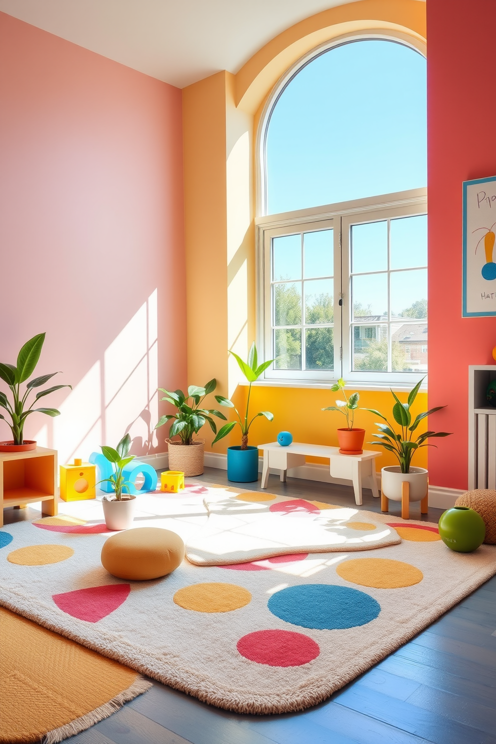 A vibrant children's playroom filled with natural light and playful colors. The room features a soft, colorful rug on the floor and walls painted in cheerful hues. Large windows allow sunlight to stream in, creating a warm and inviting atmosphere. Indoor plants in playful pots are strategically placed around the room to bring nature indoors and enhance the playful environment.