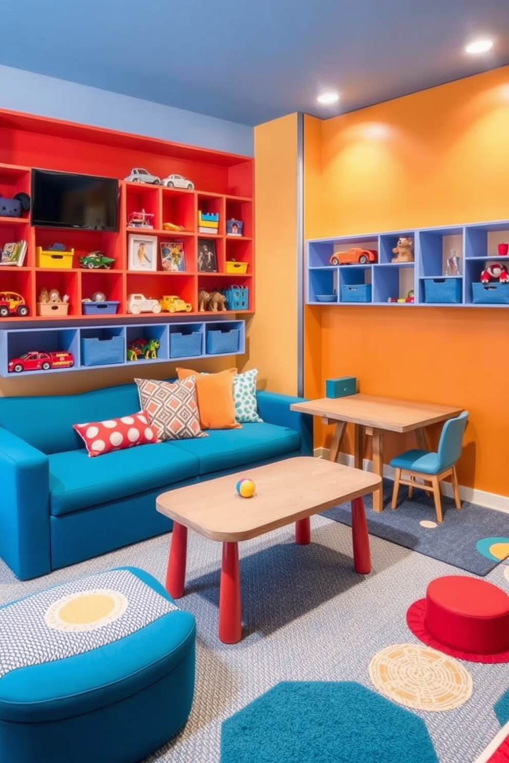 Transformable furniture designed for growing kids creates a versatile and functional playroom space. Incorporating a modular sofa that converts into a bed and adjustable tables allows for easy reconfiguration as children grow. Bright colors and playful patterns enhance the room's energy while providing a stimulating environment for creativity. Wall-mounted storage solutions keep toys organized and accessible, ensuring a clutter-free area for play and learning.