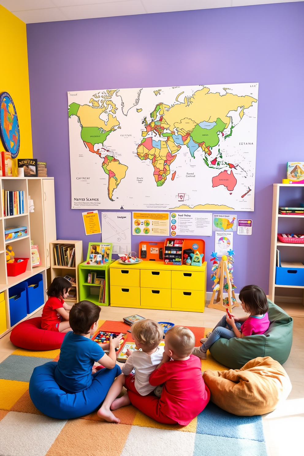 A vibrant children's playroom filled with interactive maps that stimulate learning through play. The walls are painted in bright primary colors, and a large world map is displayed prominently, inviting exploration and discovery. Soft, colorful rugs provide a comfortable area for children to sit and engage with educational toys. Shelves are filled with books and games, while a cozy reading nook with bean bags encourages a love for stories and imagination.