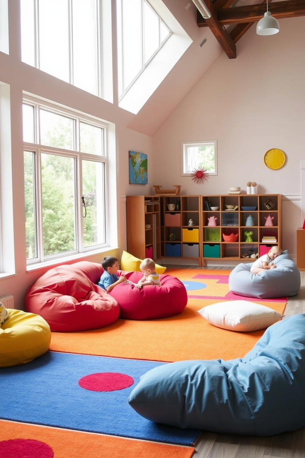 A whimsical dress-up corner filled with colorful costumes hangs on a wooden rack. Surrounding the area are large mirrors that reflect the vibrant outfits, creating an inviting and playful atmosphere. A cheerful children's playroom designed with soft pastel colors and playful furniture. The space includes a cozy reading nook, a large play mat, and shelves filled with toys, encouraging creativity and imagination.