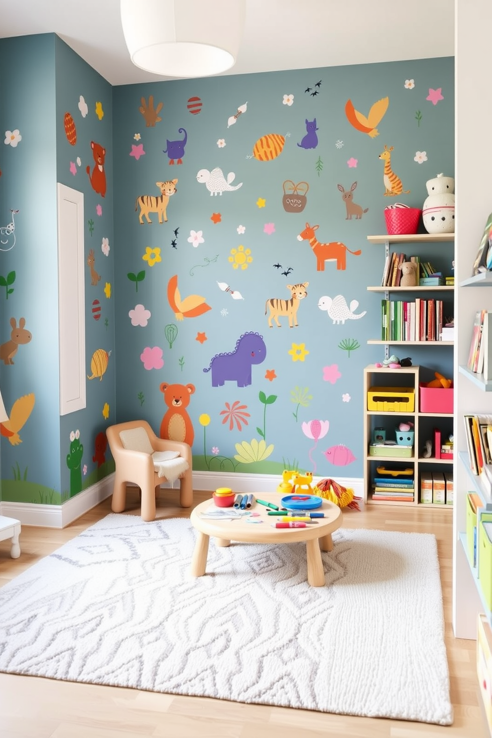 A whimsical children's playroom filled with miniature furniture designed for pretend play. The room features a colorful rug that adds warmth, while small tables and chairs in vibrant hues encourage creativity and interaction.