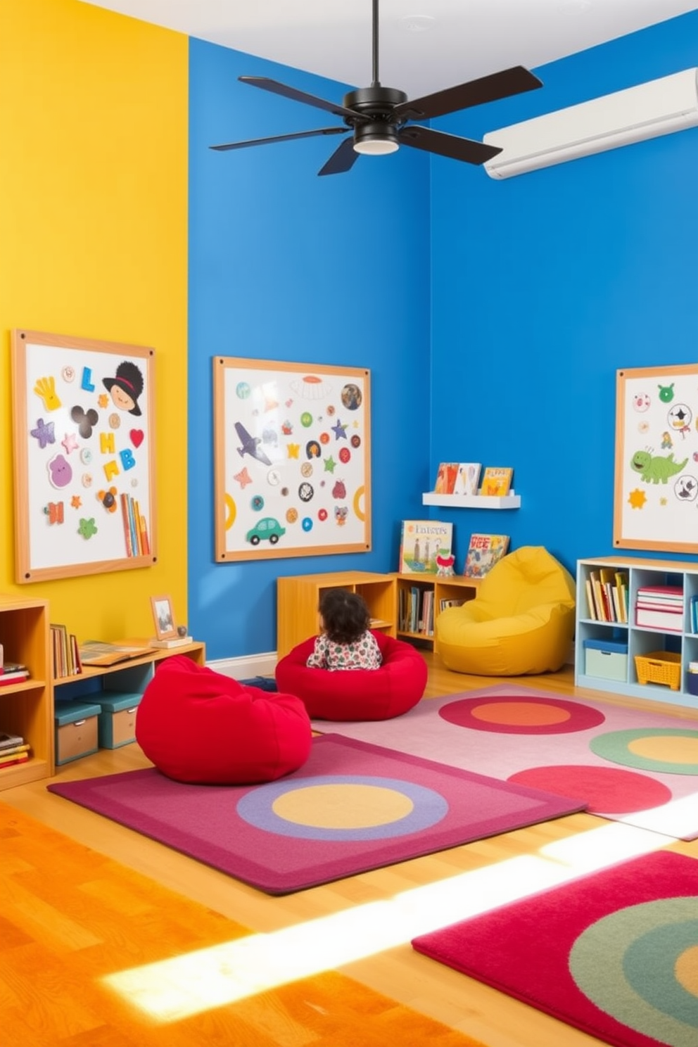 Art station with supplies and easels. The space is filled with vibrant colors and natural light, featuring a large table covered with paints, brushes, and sketchbooks. Several easels are positioned around the room, encouraging creativity and exploration. Brightly colored storage bins organize art supplies, while inspirational artwork adorns the walls. Children's playroom design ideas. The room is designed with playful elements, including a soft, colorful rug and a variety of toys neatly arranged on low shelves. A cozy reading nook with bean bags invites kids to relax with books. Wall decals of animals and nature create a whimsical atmosphere that inspires imagination.