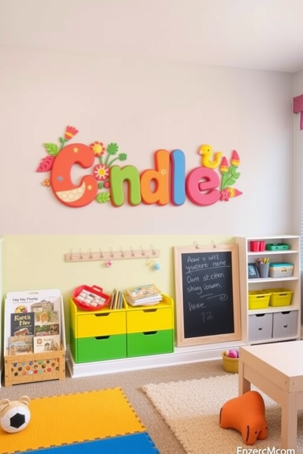 Personalized name wall art featuring vibrant colors and playful designs. The artwork includes the child's name in bold letters surrounded by whimsical illustrations of animals and nature. Children's playroom design ideas that incorporate bright colors and interactive elements. The space includes a cozy reading nook, a chalkboard wall, and soft play mats for safety and comfort.