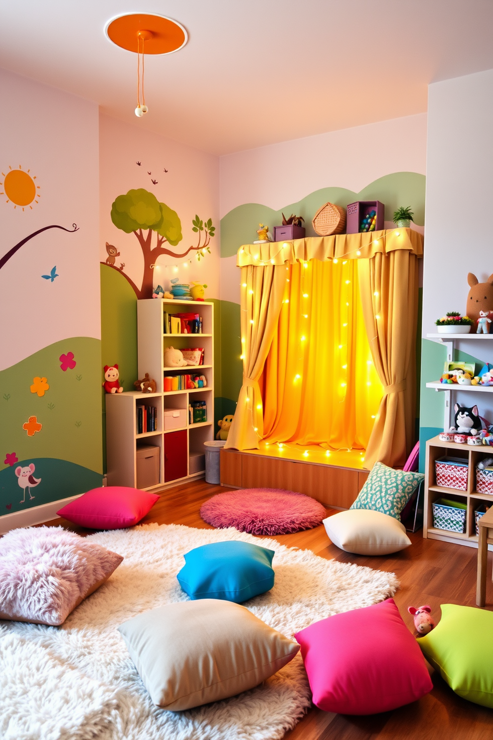 Create a vibrant children's playroom that inspires creativity and imagination. The room features colorful wall murals depicting whimsical scenes, with a soft play area filled with plush rugs and oversized cushions for comfort. In one corner, there is a small stage equipped with a bright curtain and fairy lights for performances. Surrounding the stage, shelves are filled with toys, books, and art supplies to encourage play and learning.