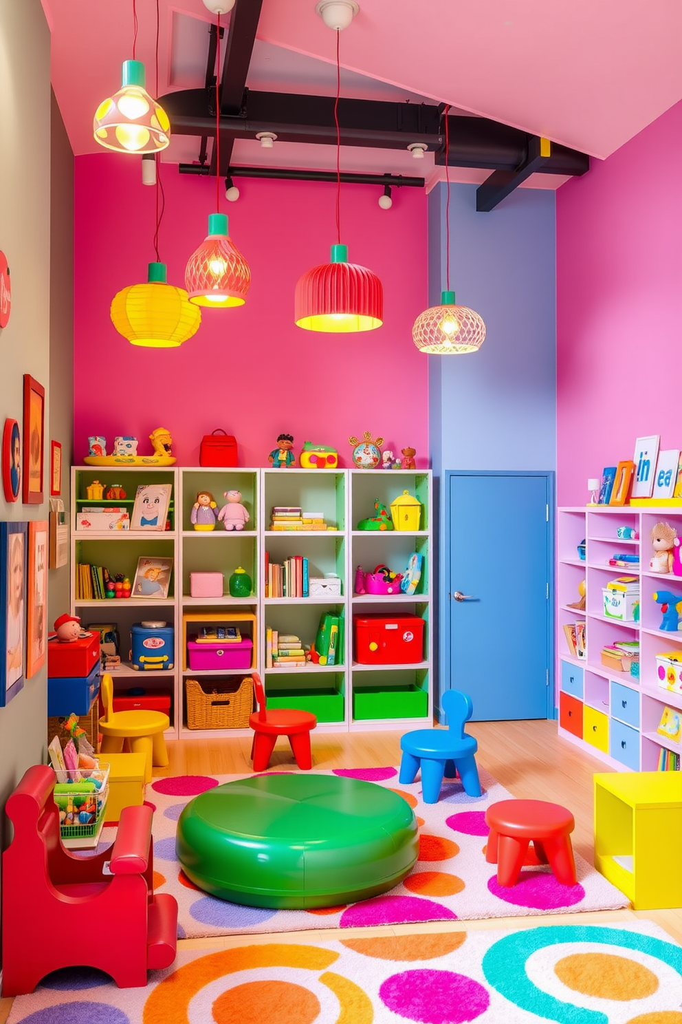 A vibrant children's playroom filled with colorful furniture and playful decor. The walls are painted in cheerful pastel colors, and the floor is covered with a soft, plush rug in bright patterns. Bright and whimsical lighting fixtures hang from the ceiling, casting a warm glow throughout the space. A variety of storage solutions are integrated into the design, featuring open shelves filled with toys and books, encouraging creativity and play.