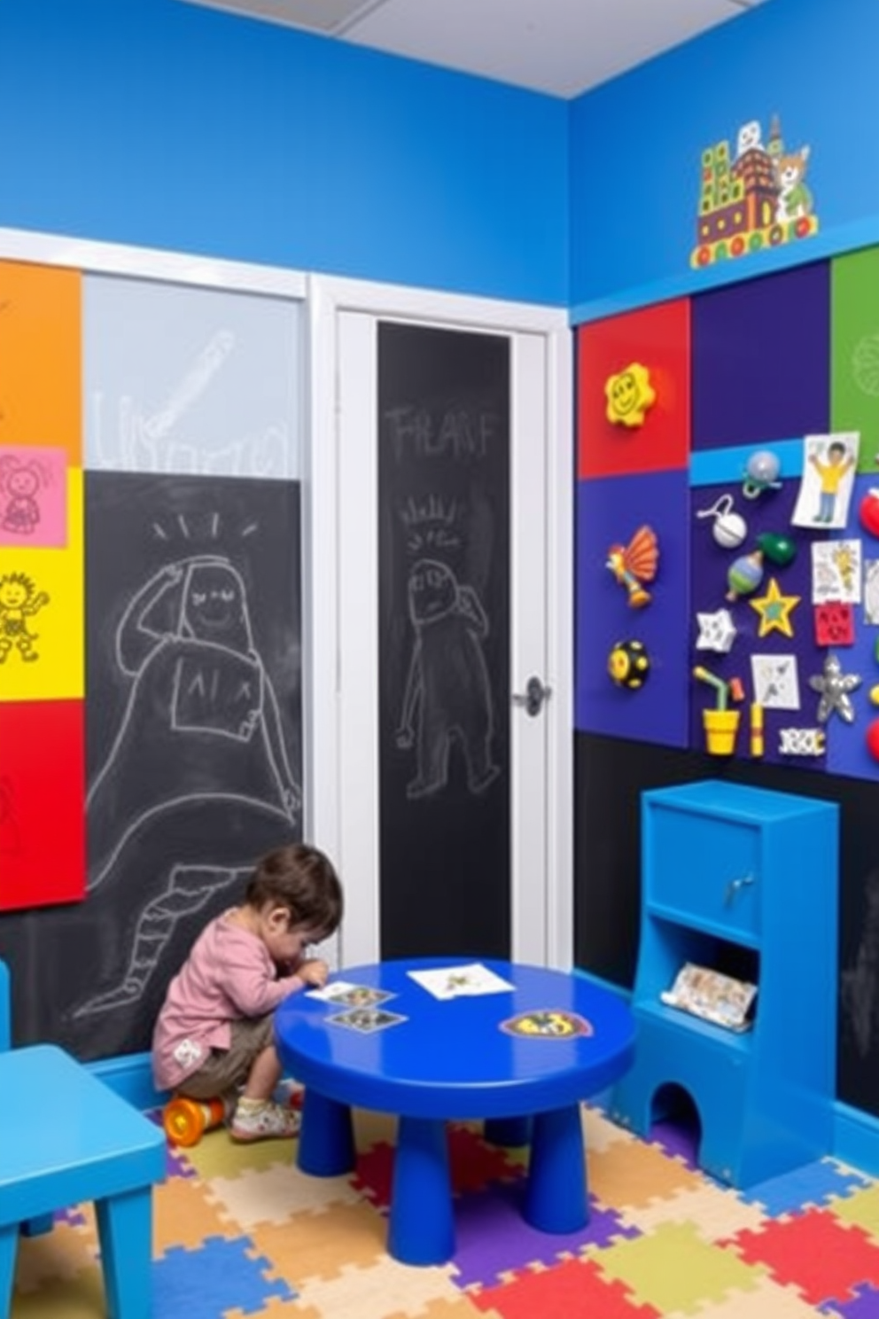 A vibrant children's playroom designed for creativity and interaction. The walls are adorned with a chalkboard surface for drawing, and colorful magnetic panels allow for art display and playful engagement.