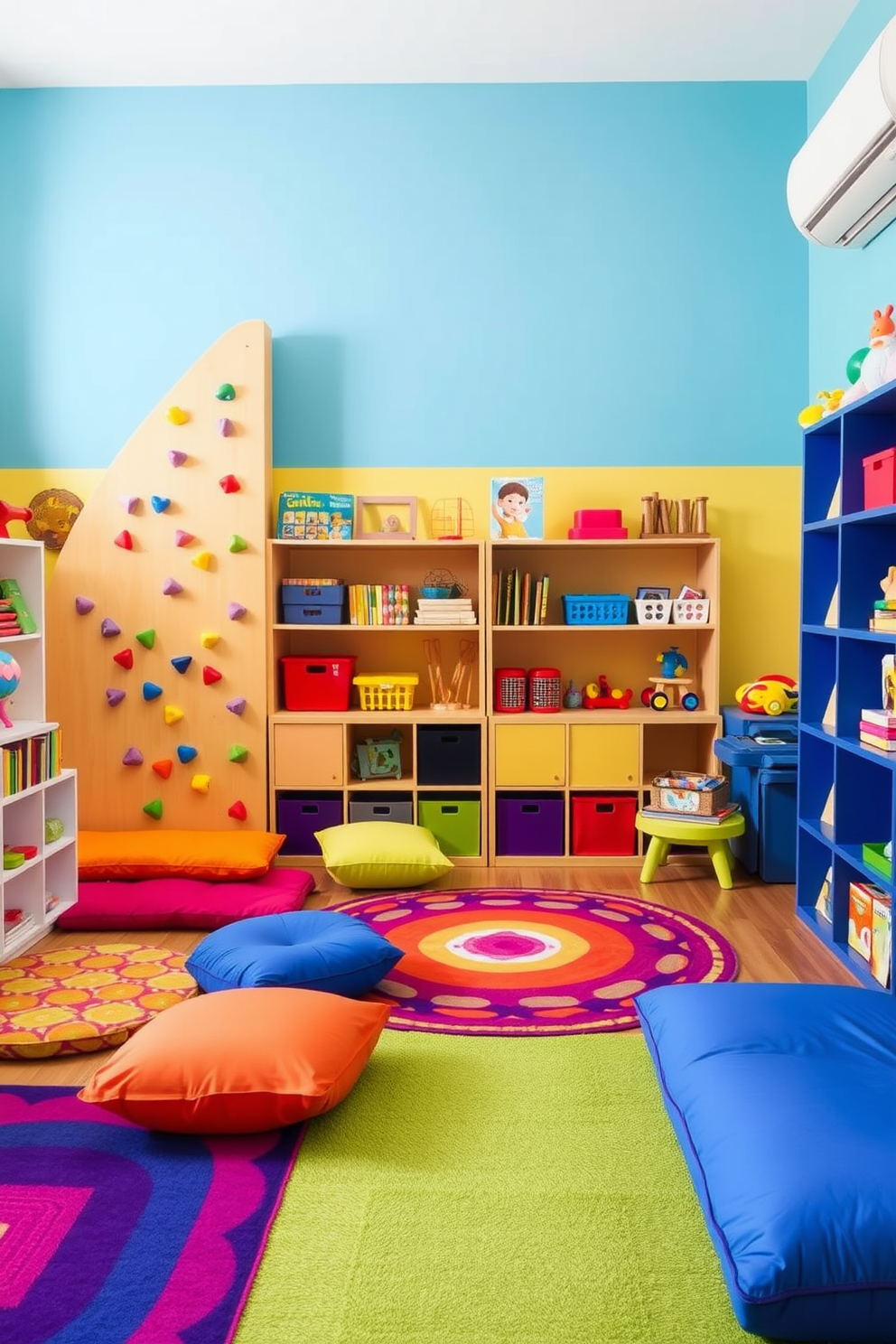 A vibrant children's playroom designed for creativity and exploration. The room features a small climbing wall on one side, adorned with colorful holds and soft padding below for safety. Brightly colored rugs and cushions are scattered across the floor, providing a cozy space for play. Shelves filled with toys, books, and art supplies line the walls, encouraging imaginative activities and learning.