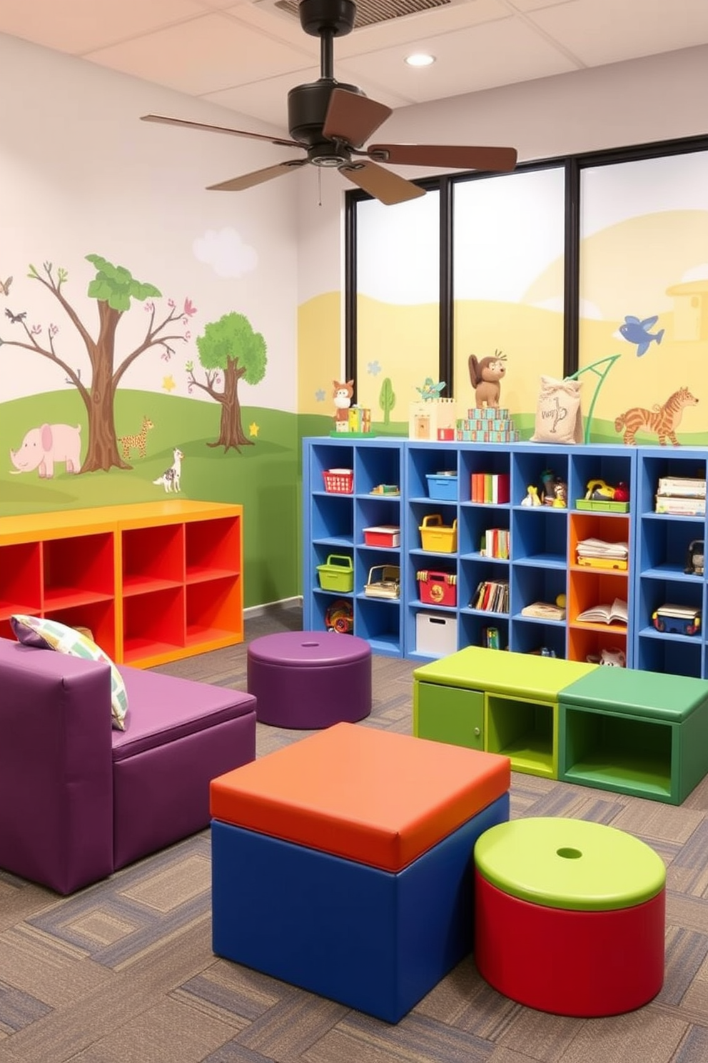 A vibrant children's playroom filled with themed play zones for organized fun. One area features a colorful jungle gym with soft mats, while another corner has a cozy reading nook with shelves of books and plush seating. The walls are painted in bright primary colors, creating an energetic atmosphere. Decorative wall decals of animals and nature scenes enhance the playful environment, inviting creativity and exploration.