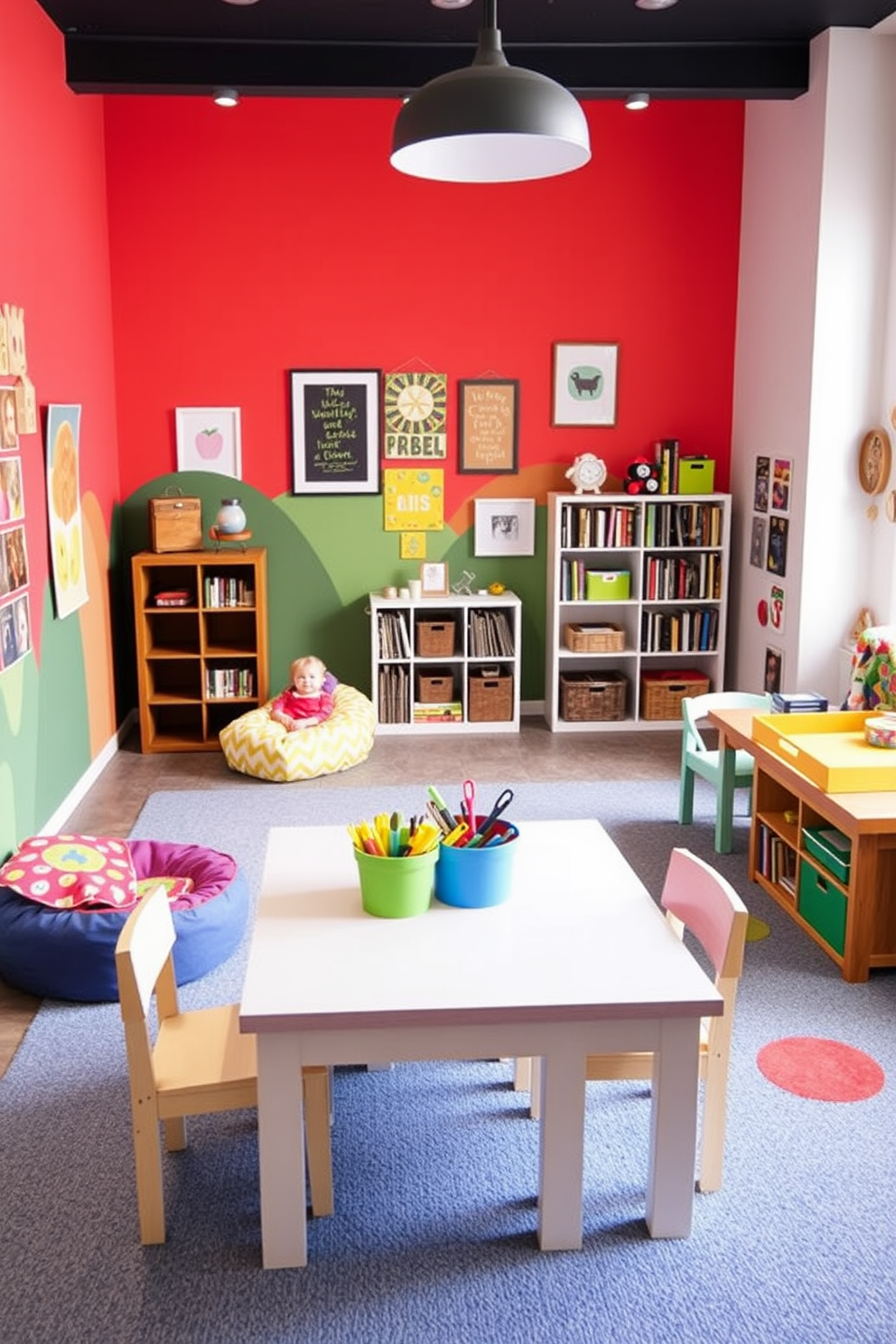 Create a vibrant children's playroom designed for multiple themed zones. One area features a cozy reading nook with colorful bean bags and a small bookshelf, while another zone is dedicated to creative arts and crafts with a large table and storage for supplies.