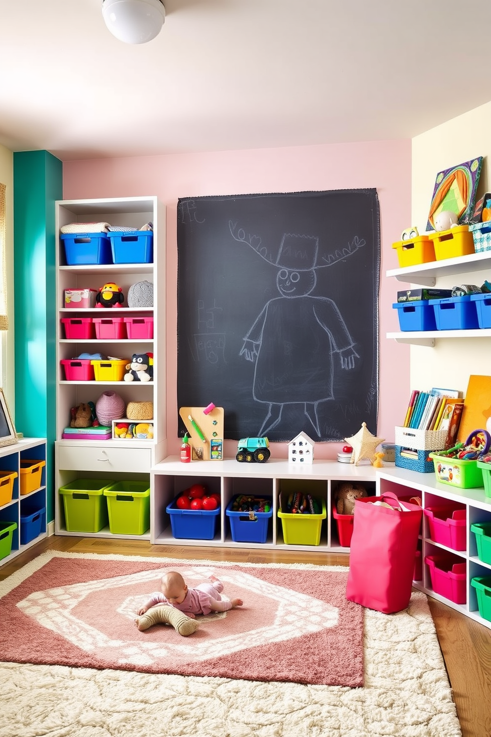 A vibrant children's playroom filled with creative storage solutions. Colorful bins and shelves are strategically placed to keep toys organized and accessible. The walls are painted in playful pastel colors, with a large chalkboard section for drawing. Soft rugs cover the floor, providing a cozy area for play and activities.